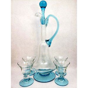 Vintage Mid Century Modern Empoli Decanter & 4 Glasses - Clear with Blue Accents